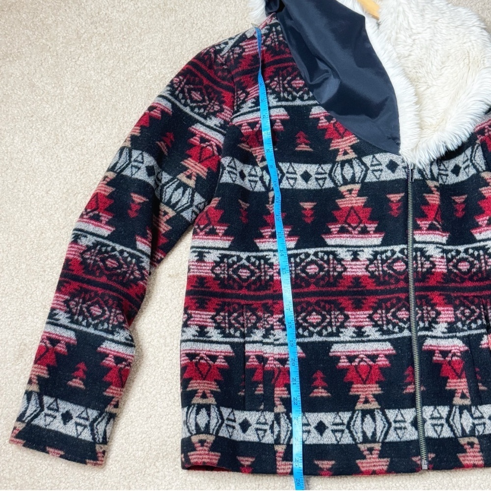 Ella Moss Anthropologie Coat Southwestern Motif Faux Fur Collar Winter Black - Picture 14 of 16